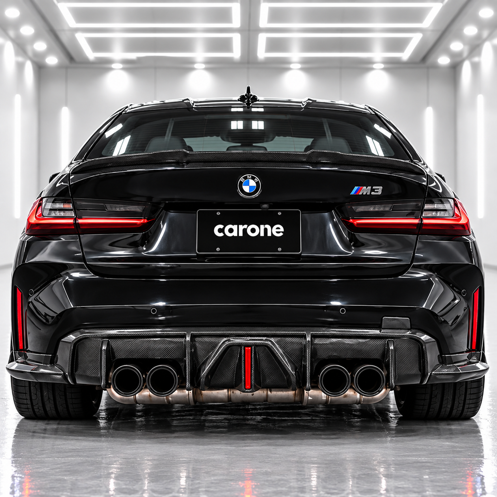 DIFUSOR TRASERO LED DE FIBRA DE CARBONO ESTILO J PARA BMW G80 M3 21-26 + EXTENSIÓN LATERAL MP