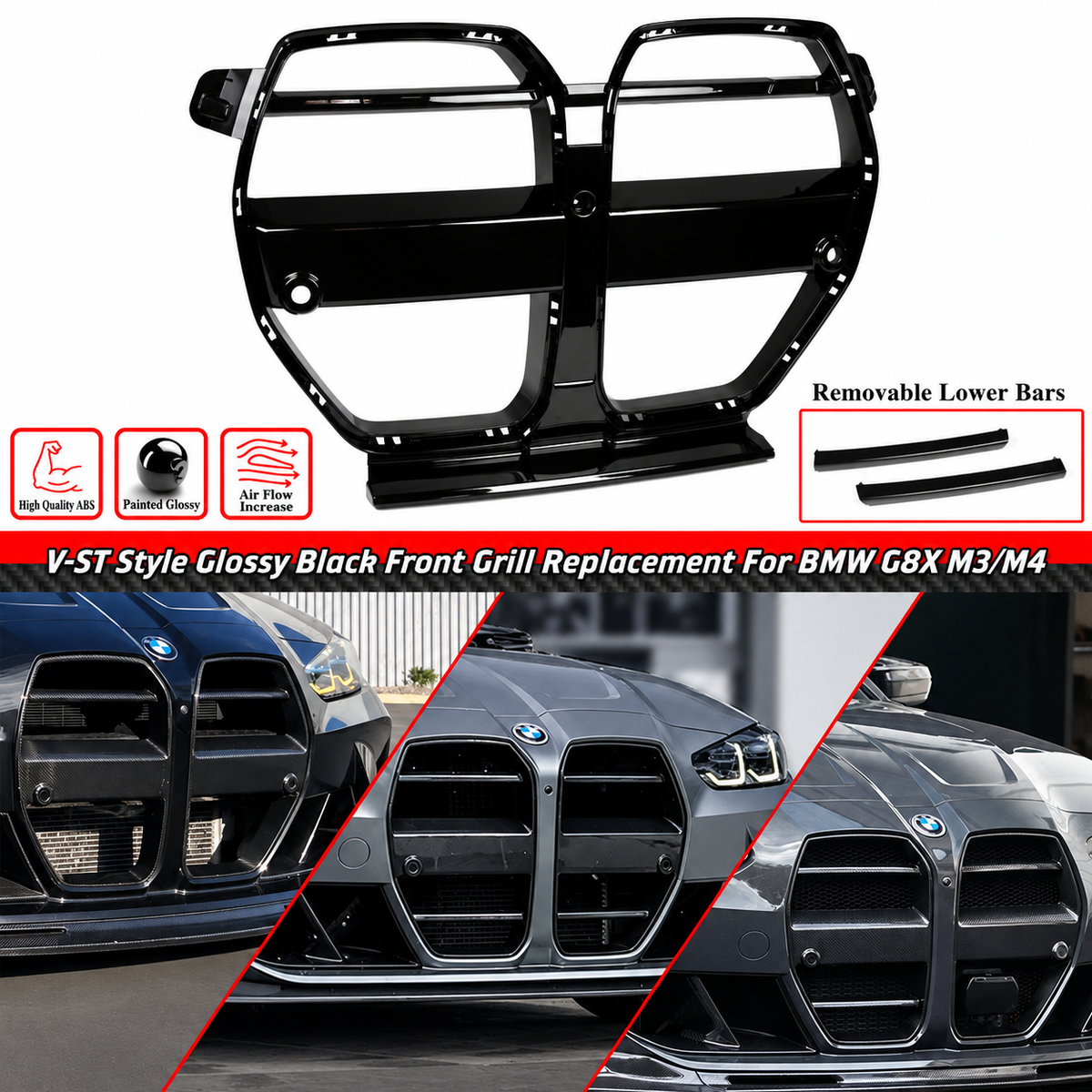 PARA BMW M3 G80 M4 G82 G83 2021-26 ESTILO V ABS NEGRO BRILLANTE NARIZ REJILLA