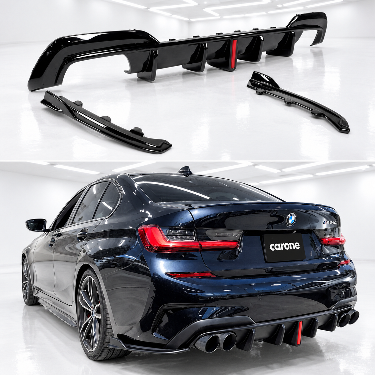 DIFUSOR TRASERO LED NEGRO BRILLANTE PARA BMW G20 330I M340I CTM 2019-22 + ESPATAS DE ESQUINA