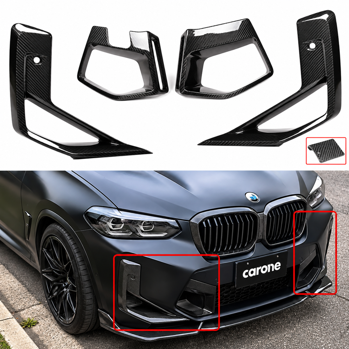PARRILLA INFERIOR DELANTERA DE FIBRA DE CARBONO PARA BMW X3M X4M 22-25 + CUBIERTAS LATERALES PARA MOLDURAS DE CONDUCTOS DE AIRE
