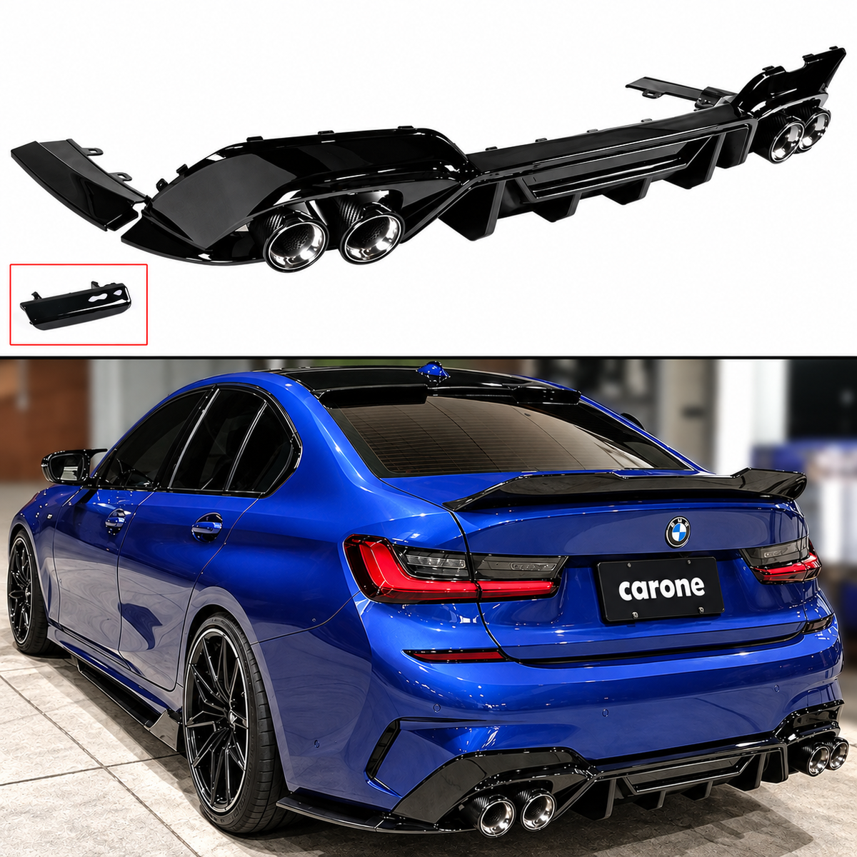 KIT DIFUSOR PARA BMW G20 M SPORT M340i CTM 19-22 + PUNTA DE ESCAPE CUÁDRUPLE DE FIBRA DE CARBONO