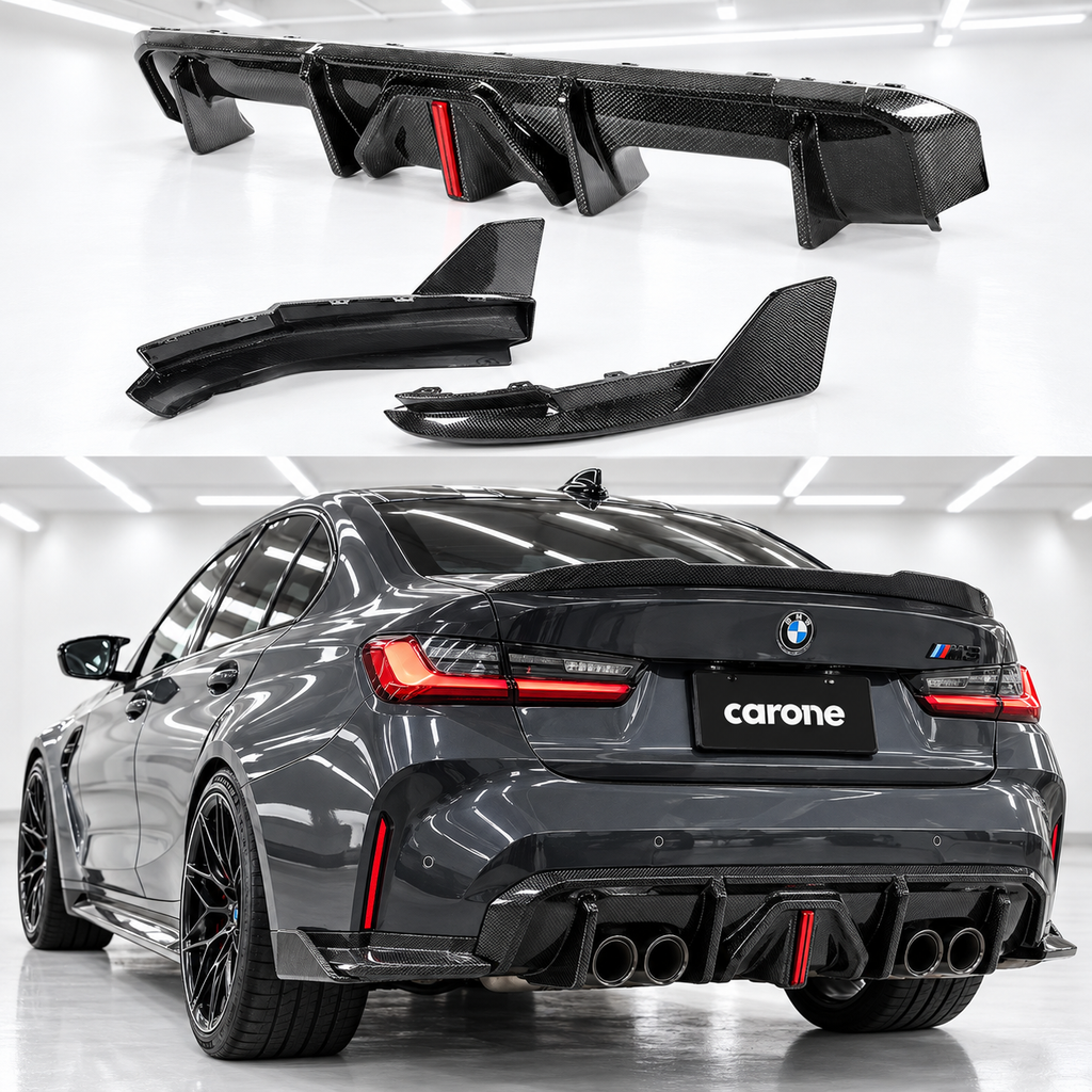DIFUSOR TRASERO LED DE FIBRA DE CARBONO ESTILO J PARA BMW G80 M3 21-26 + EXTENSIÓN LATERAL MP