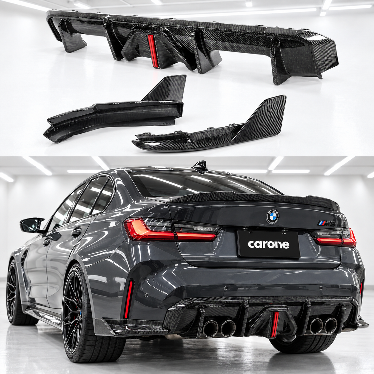 DIFUSOR TRASERO LED DE FIBRA DE CARBONO ESTILO J PARA BMW G80 M3 21-26 + EXTENSIÓN LATERAL MP