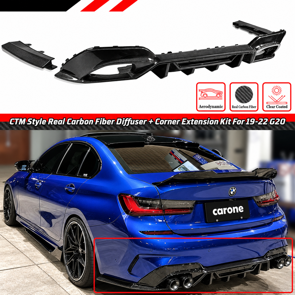 DIFUSOR DE PARACHOQUES TRASERO DE FIBRA DE CARBONO CTM 19-22 BMW G20 330I M340I CTM + ESPATAS LATERALES