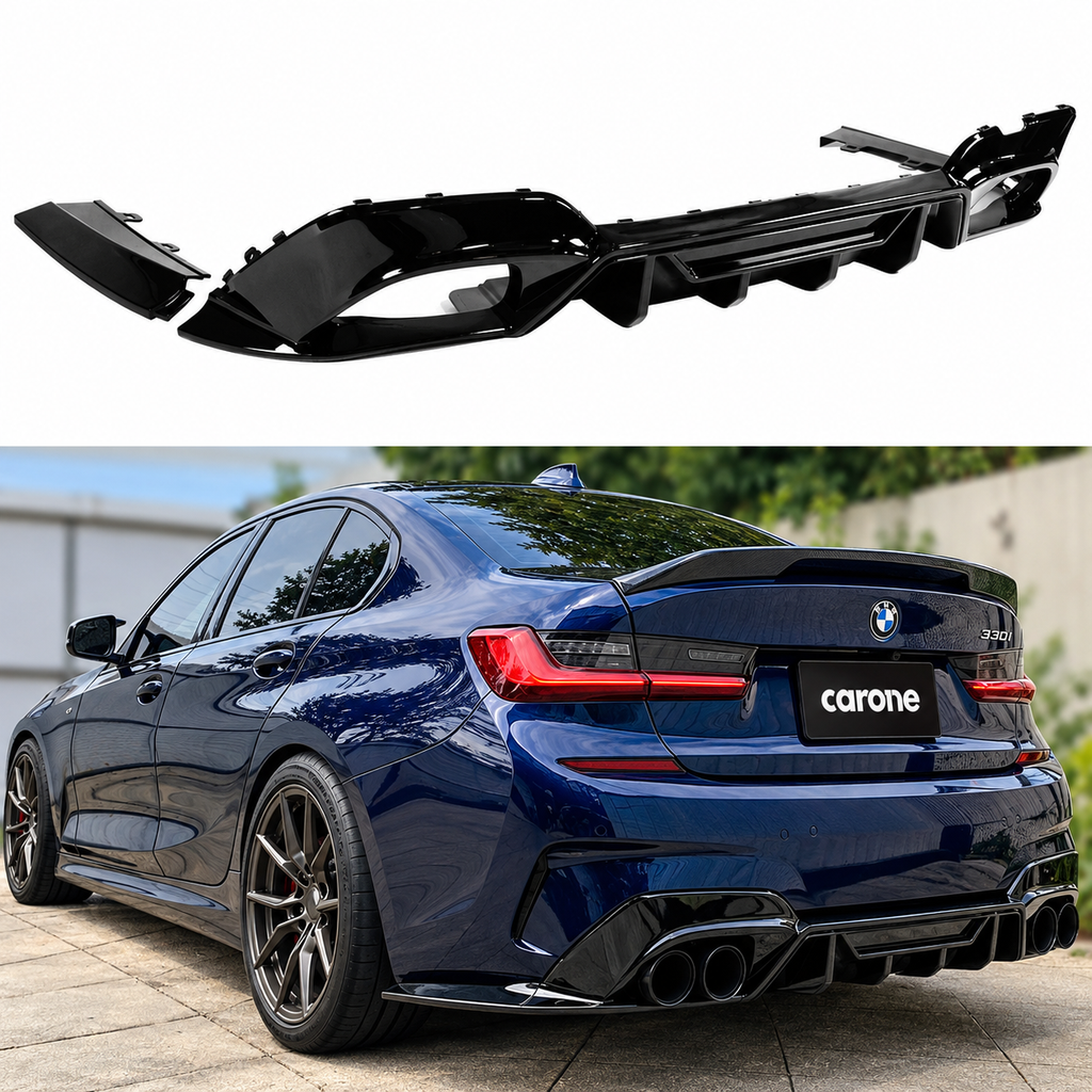 PARA BMW G20 330i M340i 19-22 CTM ESTILO NEGRO BRILLANTE DIFUSOR TRASERO CON ESPATAS ESQUINERAS