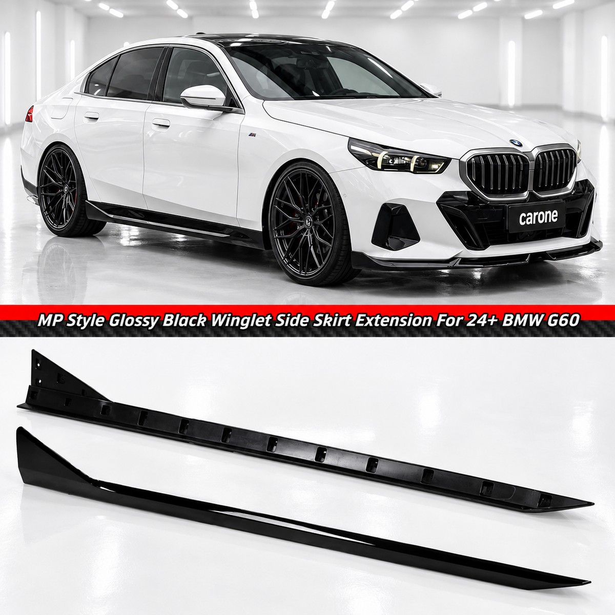 EXTENSIÓN DE FALDÓN LATERAL NEGRO BRILLANTE ESTILO WINGLET PARA BMW G60 530I 540I MP 2024-26