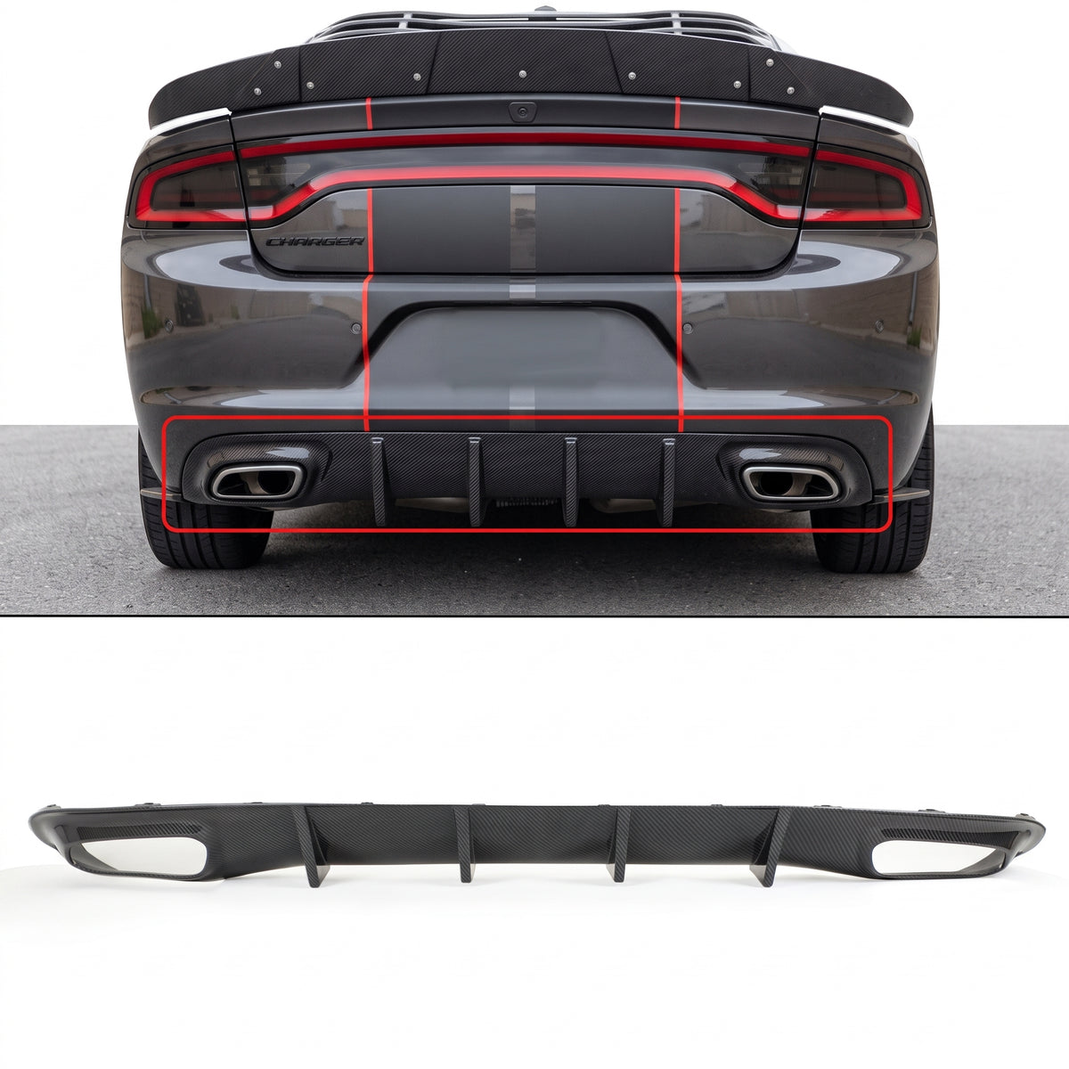 Dodge Charger SXT SE 15-23 Difusor de parachoques trasero de aleta de tiburón aspecto fibra de carbono