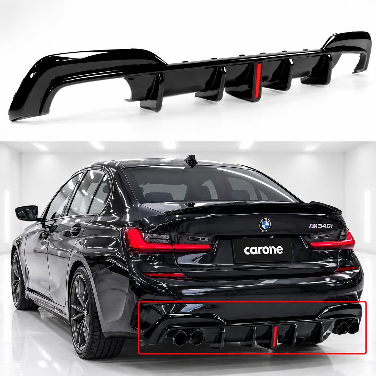 DIFUSOR DE PARACHOQUES TRASERO NEGRO BRILLANTE CON LUZ LED PARA BMW G20 330I M340I CTM 2019-22