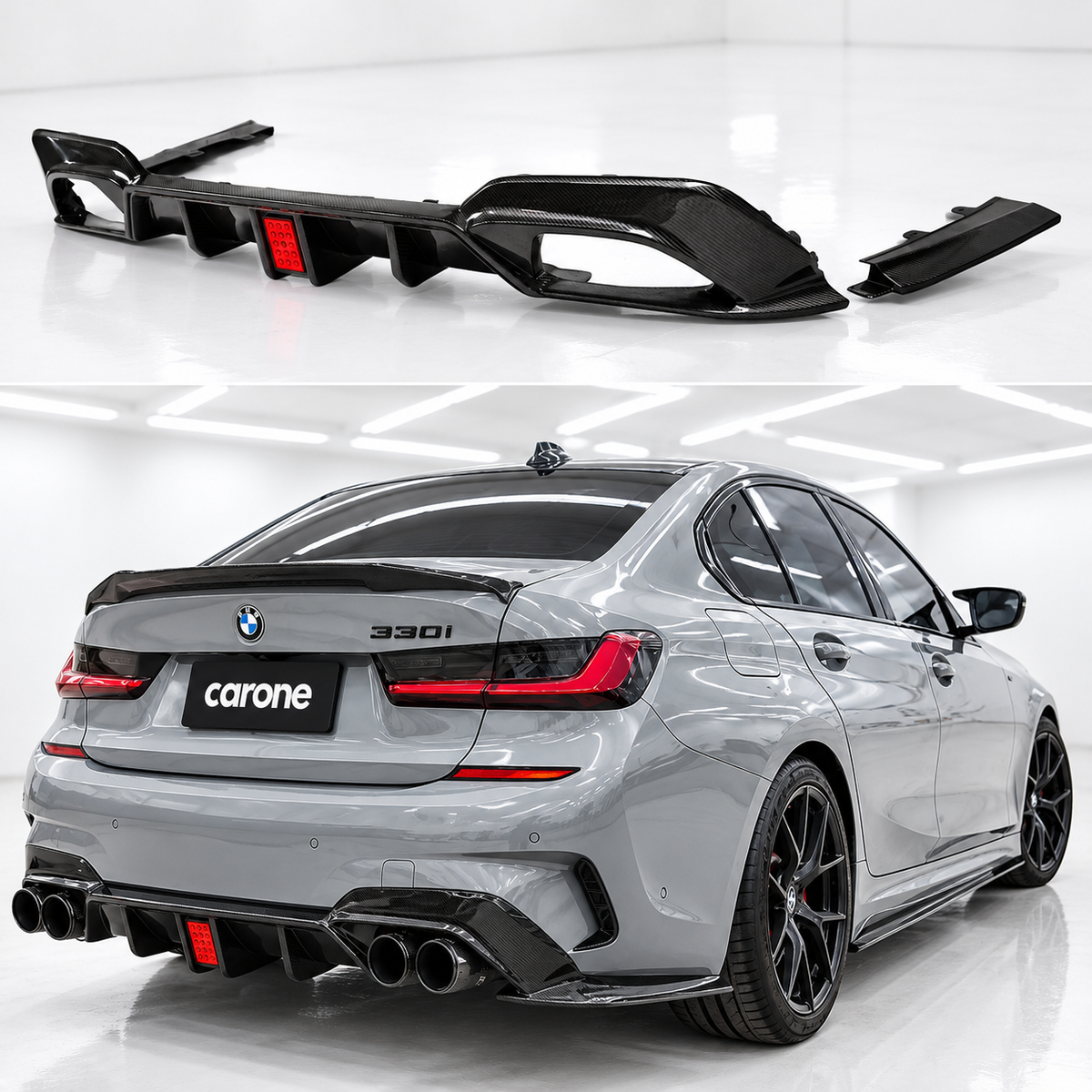 DIFUSOR LED TRASERO DE FIBRA DE CARBONO 2019-2022 BMW G20 330I M340I + ESPATAS LATERALES