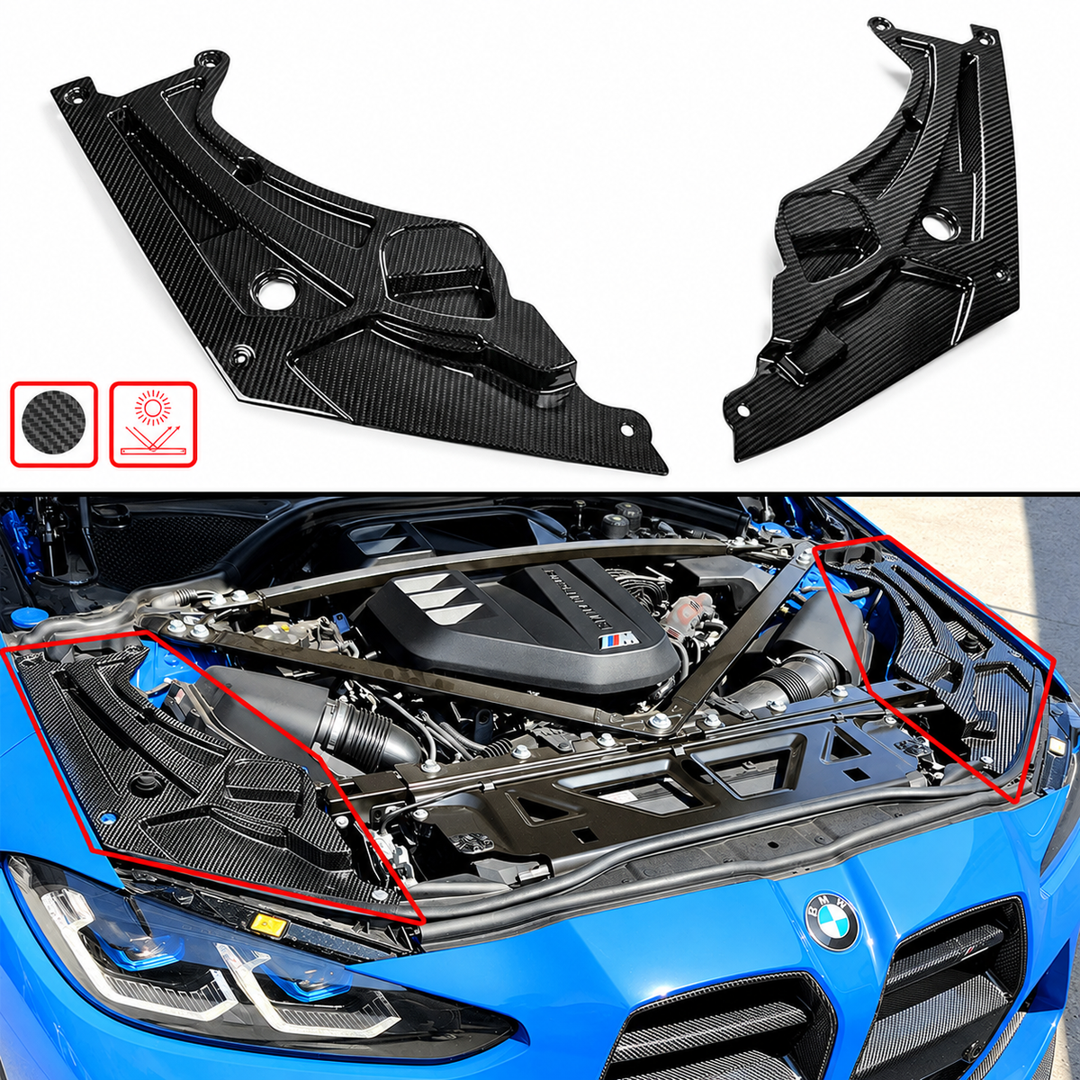 Juego de 2 cubiertas de panel de ajuste de bahía de motor de fibra de carbono seca para BMW G80 G82 M3 M4 21-26