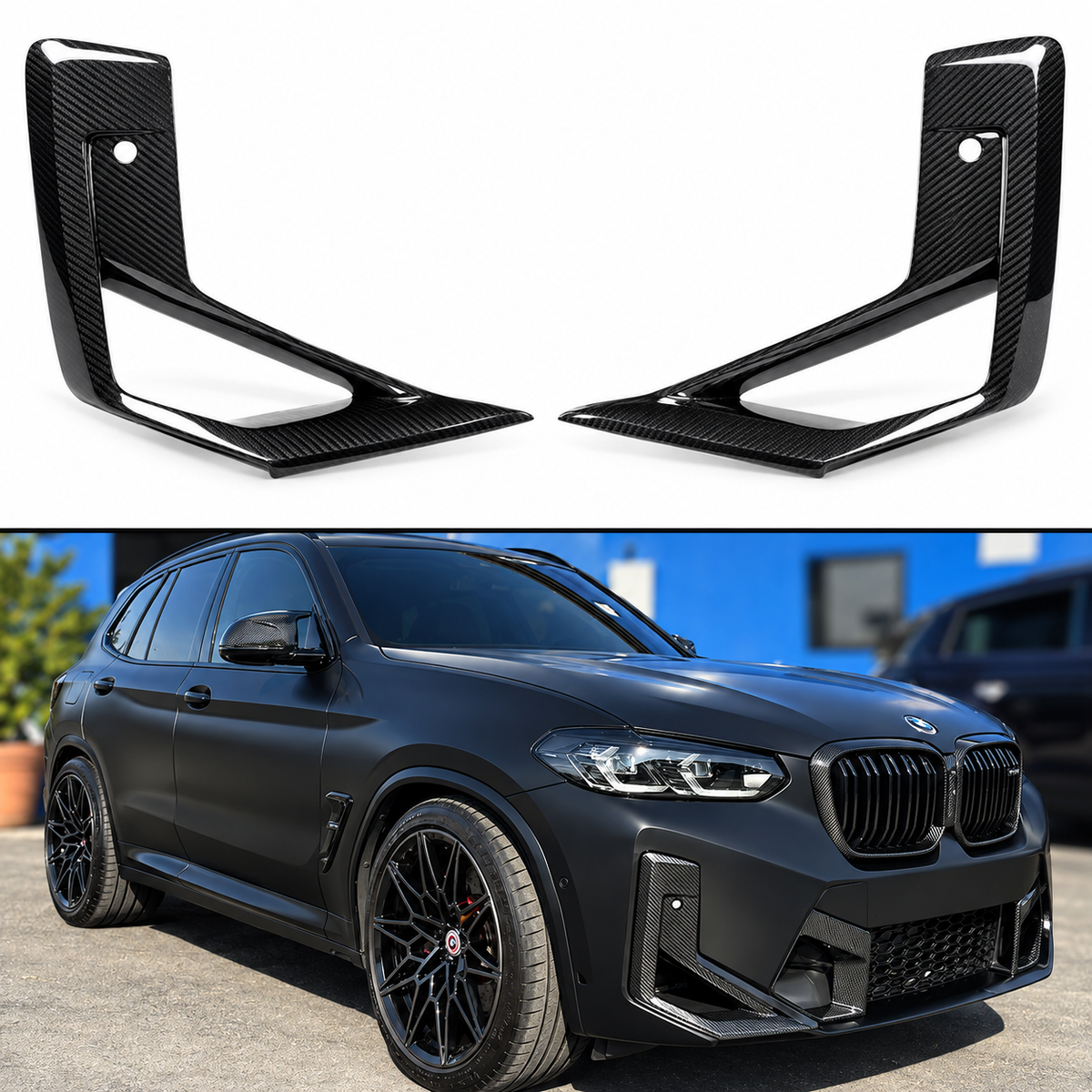 PARACHOQUES DELANTERO COMPLETO DE FIBRA DE CARBONO PARA BMW X3M X4M 2022-2025 MOLDURA DE VENTILACIÓN DE CONDUCTO DE AIRE LATERAL