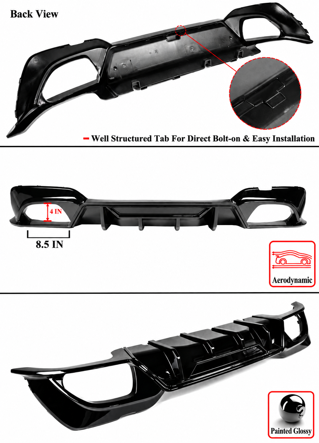 PARA BMW G20 330i M340i 19-22 CTM ESTILO NEGRO BRILLANTE DIFUSOR TRASERO CON ESPATAS ESQUINERAS
