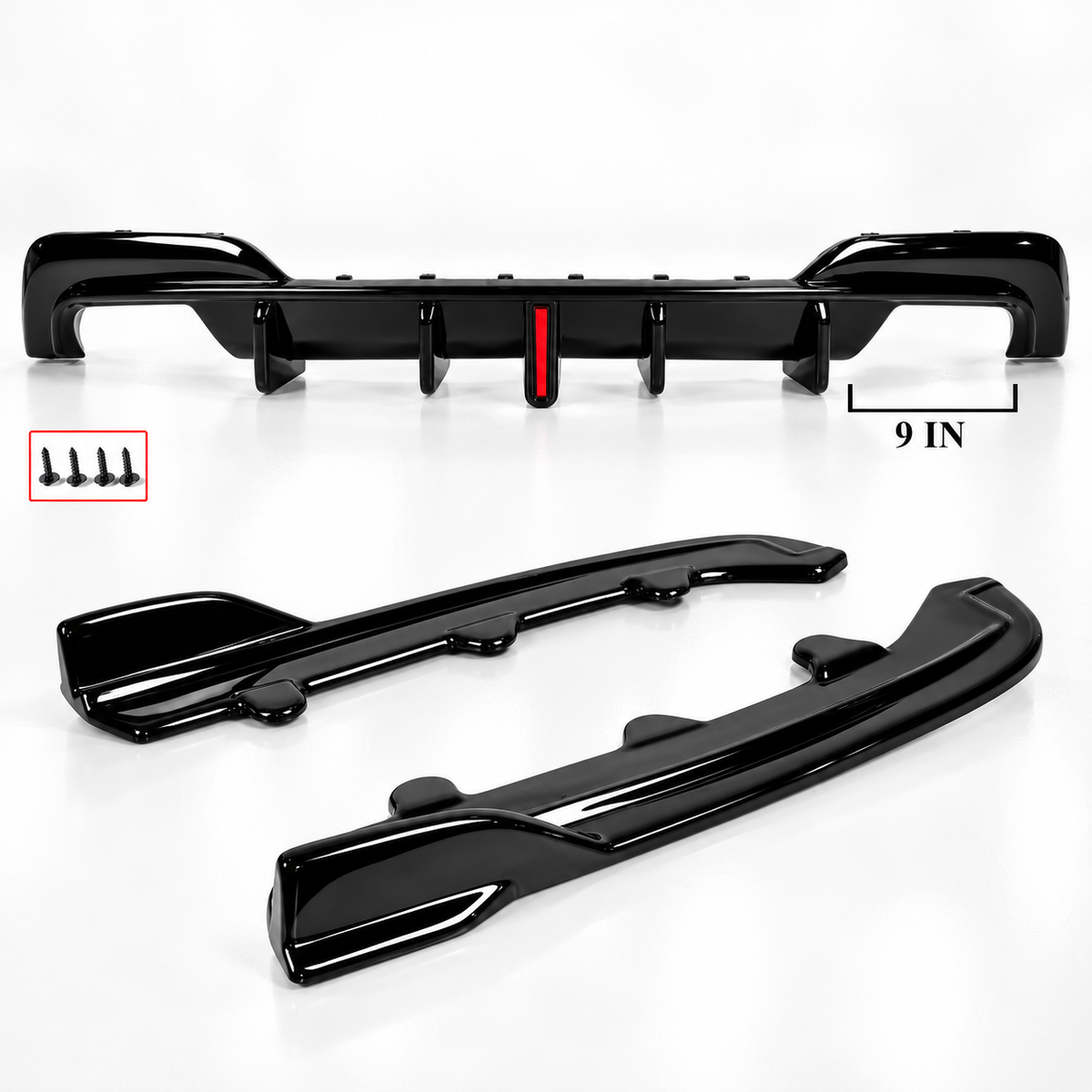 DIFUSOR TRASERO LED NEGRO BRILLANTE PARA BMW G20 330I M340I CTM 2019-22 + ESPATAS DE ESQUINA