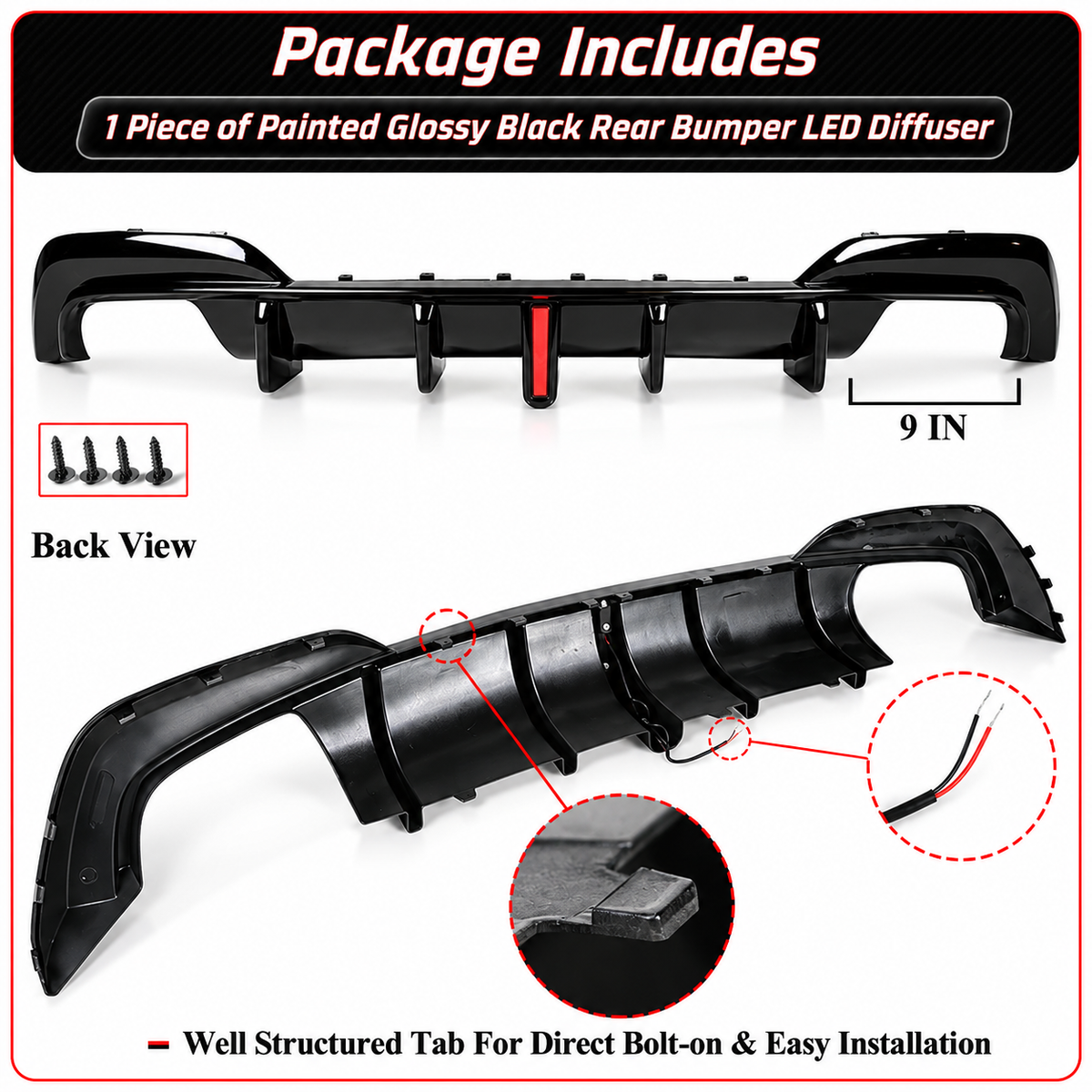 DIFUSOR DE PARACHOQUES TRASERO NEGRO BRILLANTE CON LUZ LED PARA BMW G20 330I M340I CTM 2019-22