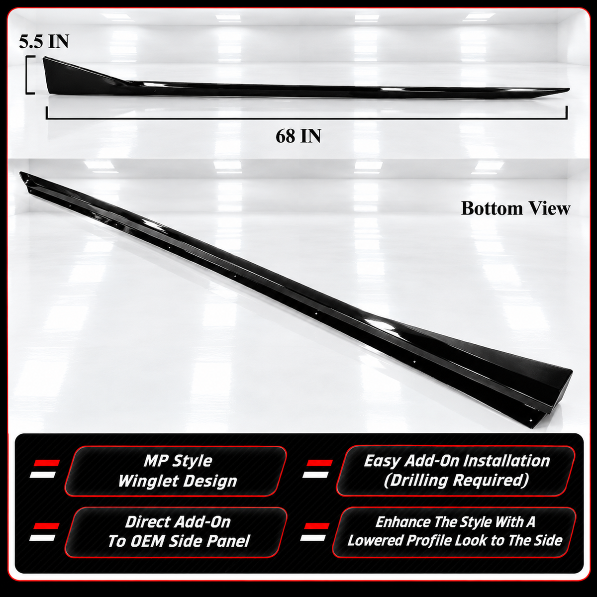 EXTENSIÓN DE FALDÓN LATERAL NEGRO BRILLANTE ESTILO WINGLET PARA BMW G60 530I 540I MP 2024-26