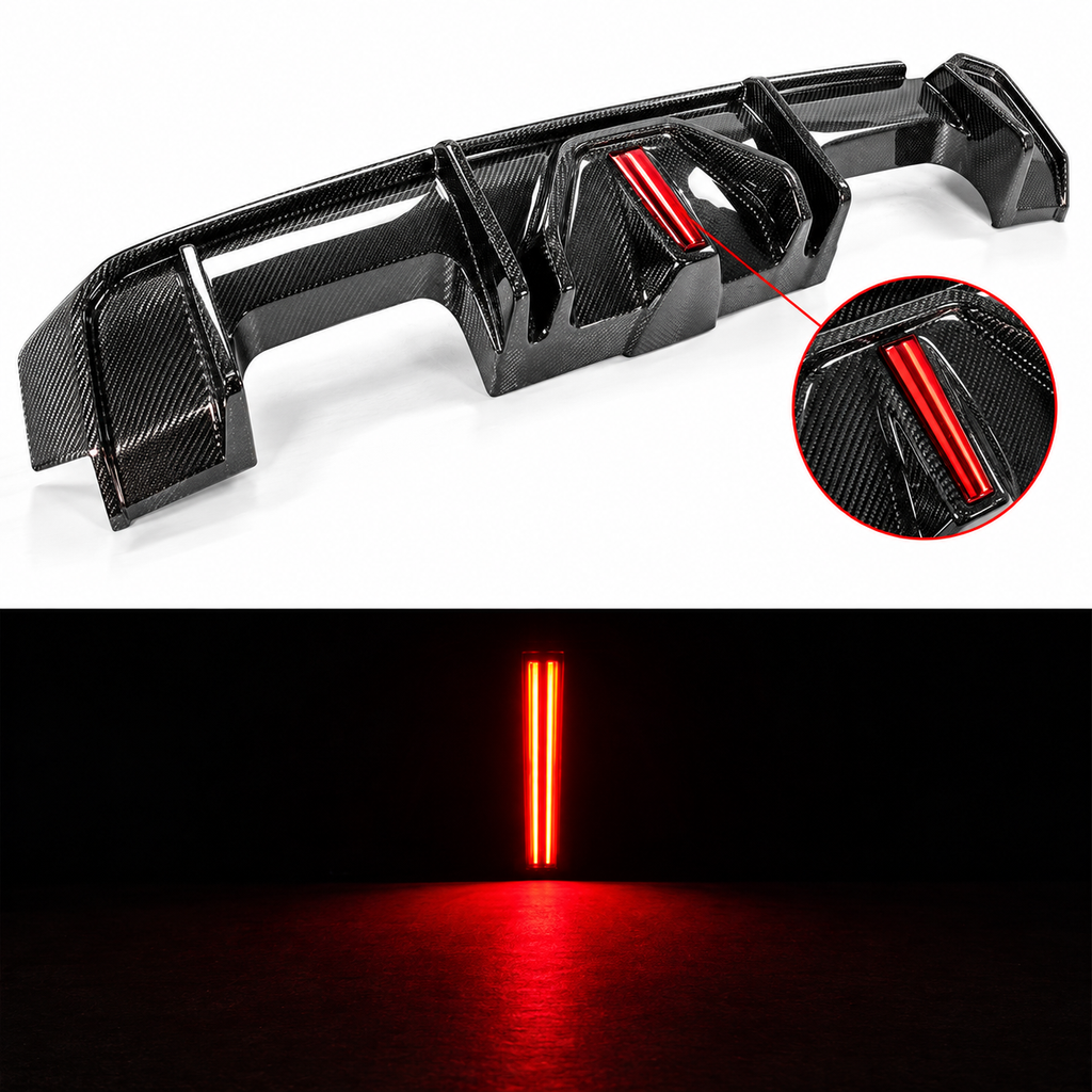 DIFUSOR TRASERO LED DE FIBRA DE CARBONO ESTILO J PARA BMW G80 M3 21-26 + EXTENSIÓN LATERAL MP
