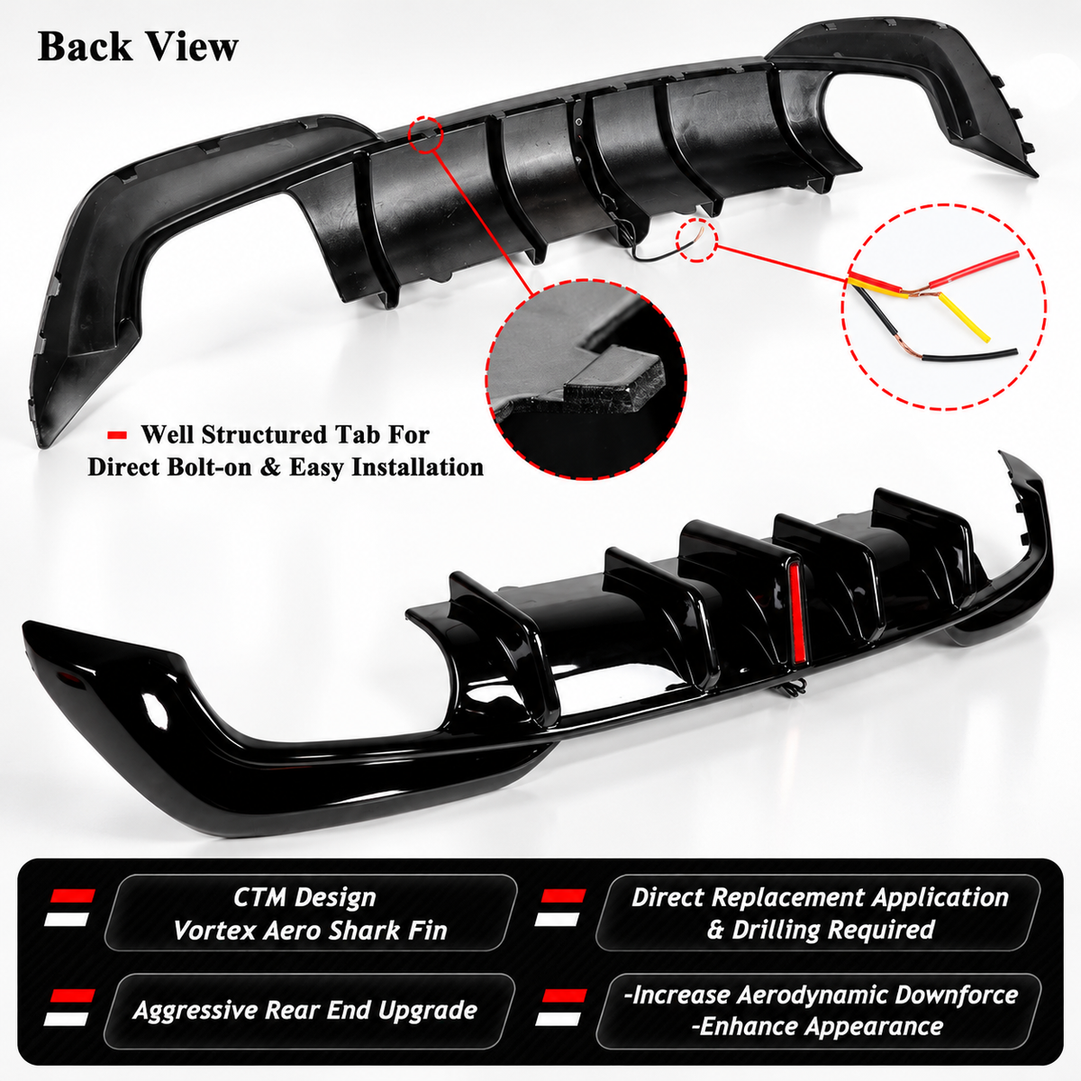 DIFUSOR TRASERO LED NEGRO BRILLANTE PARA BMW G20 330I M340I CTM 2019-22 + ESPATAS DE ESQUINA