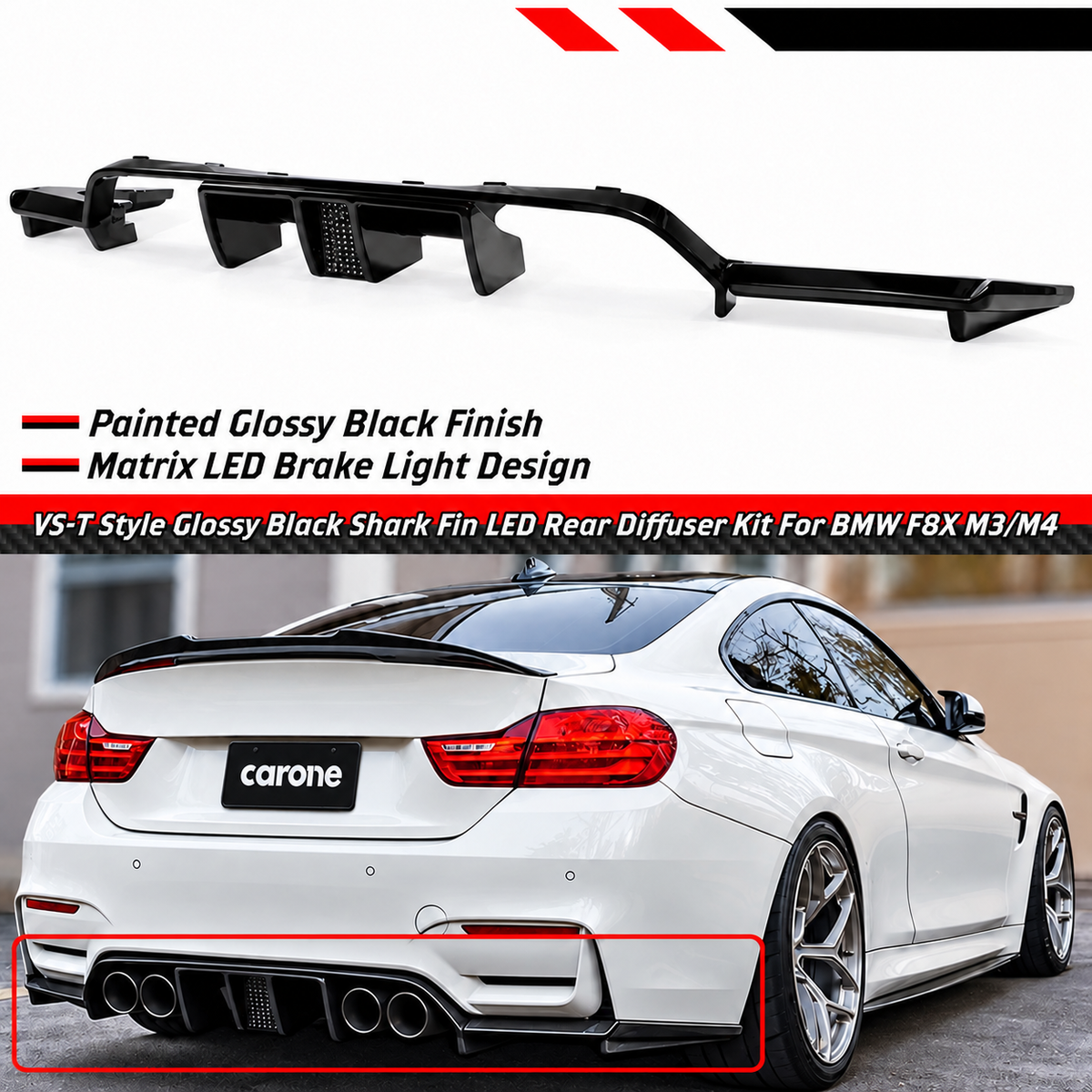 Kit difusor de parachoques trasero LED negro brillante estilo VS-T para BMW F80 M3 F82 M4 15-19