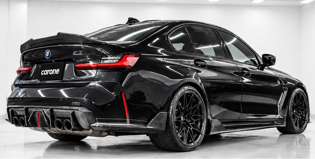 DIFUSOR TRASERO LED DE FIBRA DE CARBONO ESTILO J PARA BMW G80 M3 21-26 + EXTENSIÓN LATERAL MP