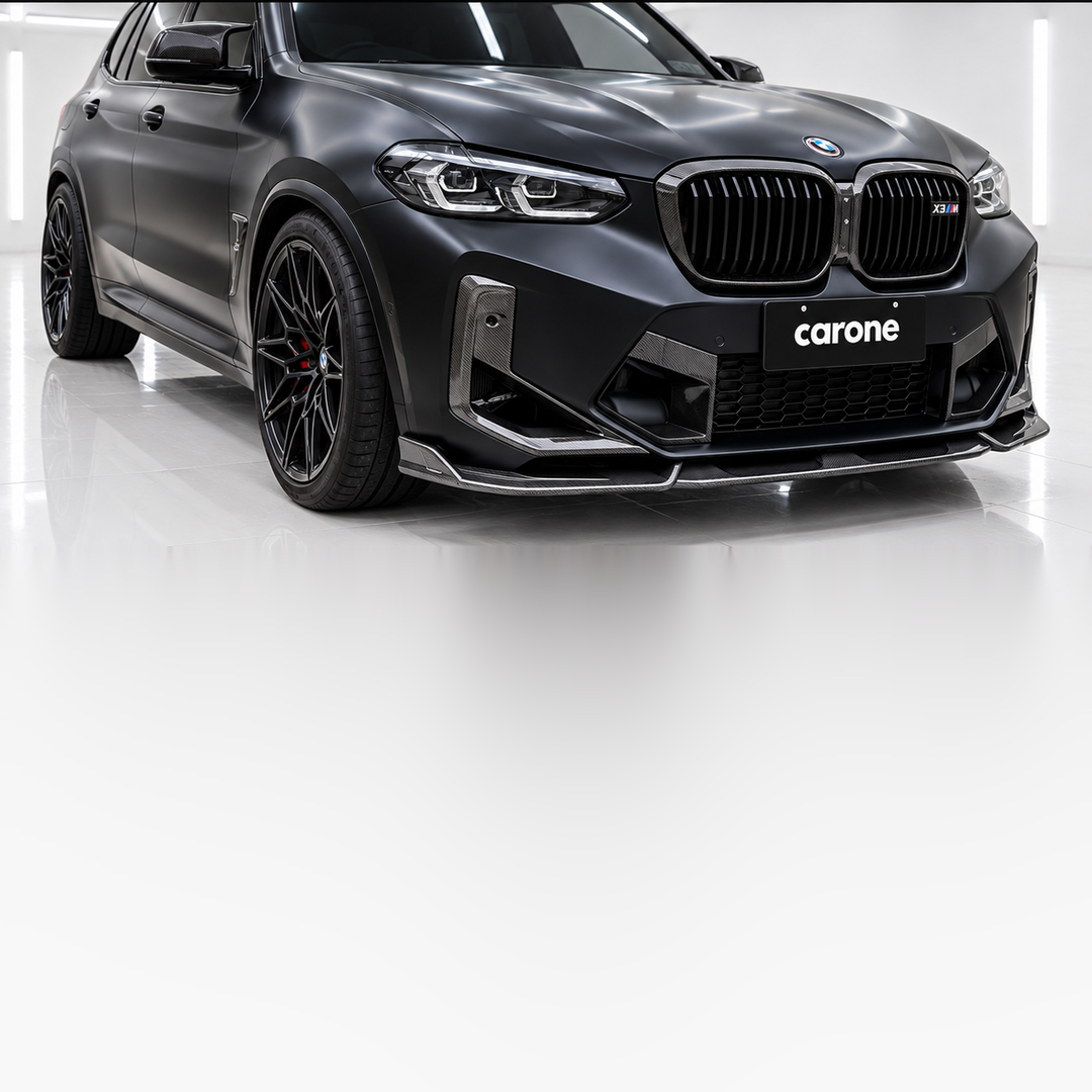 PARRILLA INFERIOR DELANTERA DE FIBRA DE CARBONO PARA BMW X3M X4M 22-25 + CUBIERTAS LATERALES PARA MOLDURAS DE CONDUCTOS DE AIRE