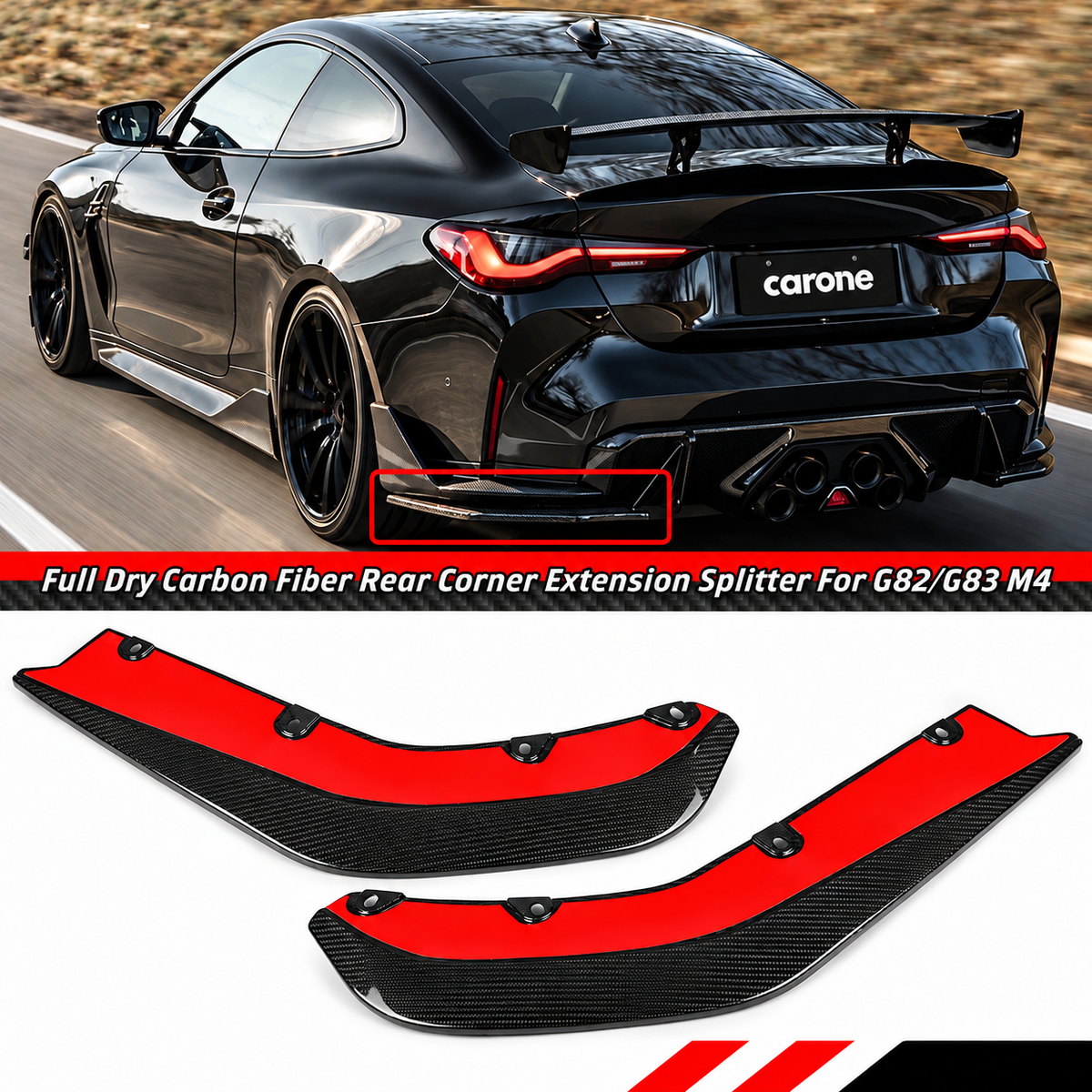 Parachoques trasero divisor lateral esquina fibra carbono V2 completo BMW G82 G83 M4 2021-26