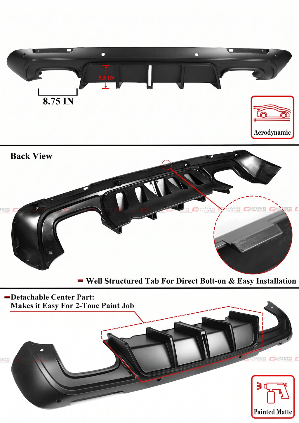 REPUESTO DIFUSOR PARACHOQUES TRASERO NEGRO MATE LED PARA DODGE CHALLENGER 15-23