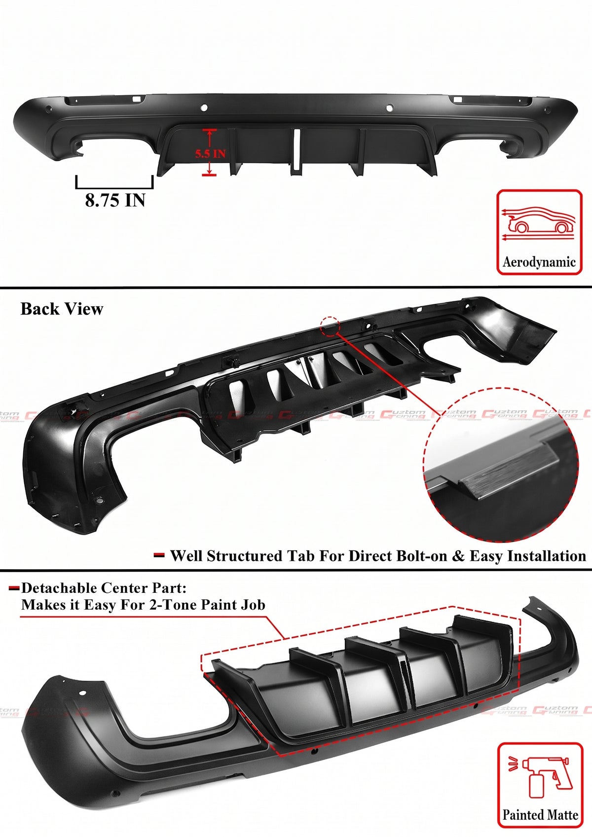 REPUESTO DIFUSOR PARACHOQUES TRASERO NEGRO MATE LED PARA DODGE CHALLENGER 15-23