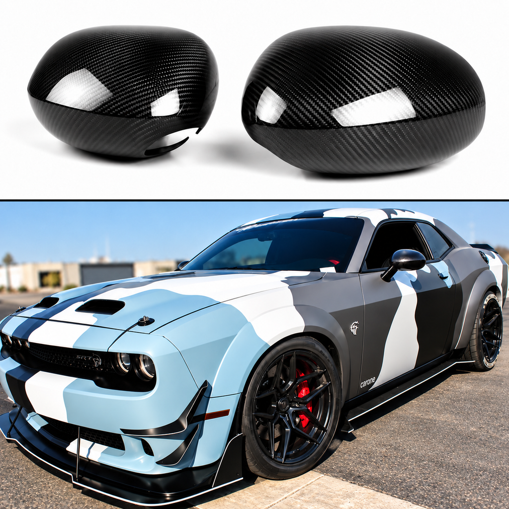 DODGE CHALLENGER 2009-2022 FIBRA DE CARBONO REAL ESPEJO RETROVISOR TAPAS LATERALES SUPERPUESTAS