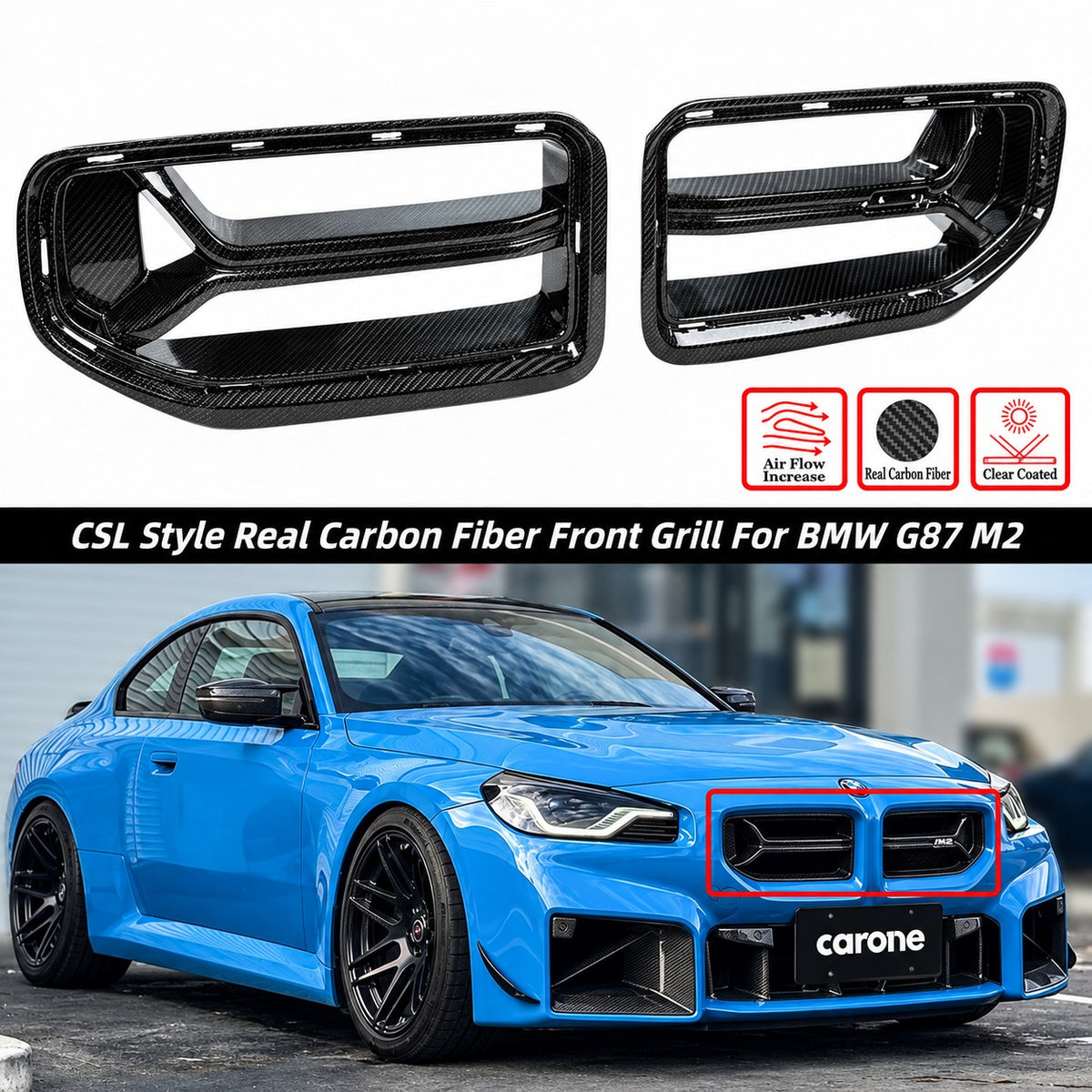 BMW G87 M2 ESTILO CSL 23-26 FIBRA DE CARBONO REAL NARIZ DELANTERA RIÑÓN REJILLA