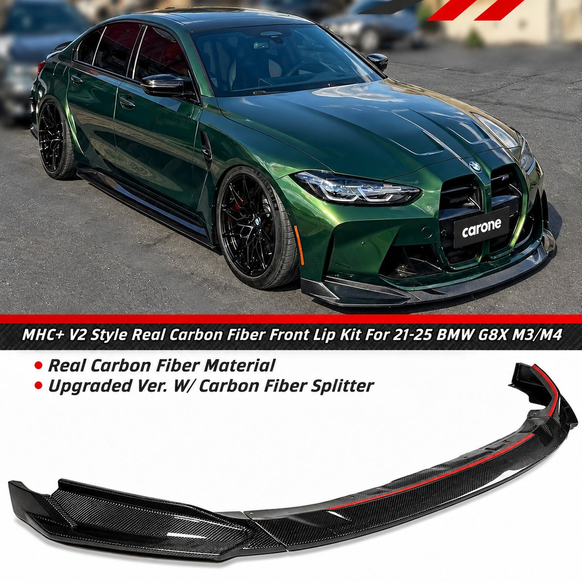 Labio de parachoques delantero de fibra de carbono real estilo V2 para BMW G80 M3 G82 G83 M4 MHC+ 21-26