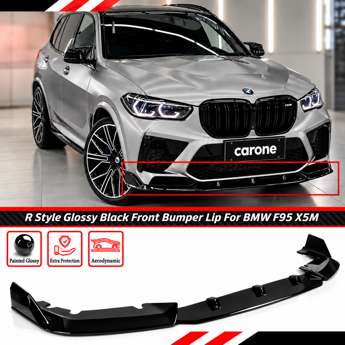 DIVISOR DE LABIOS PARA PARACHOQUES DELANTERO NEGRO BRILLANTE ESTILO PRE-LCI R BMW F95 X5M 2020-2023