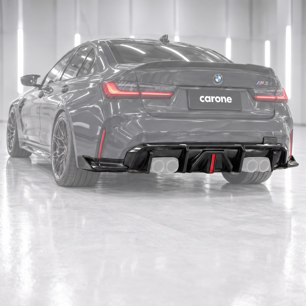 DIFUSOR TRASERO LED DE FIBRA DE CARBONO ESTILO J PARA BMW G80 M3 21-26 + EXTENSIÓN LATERAL MP