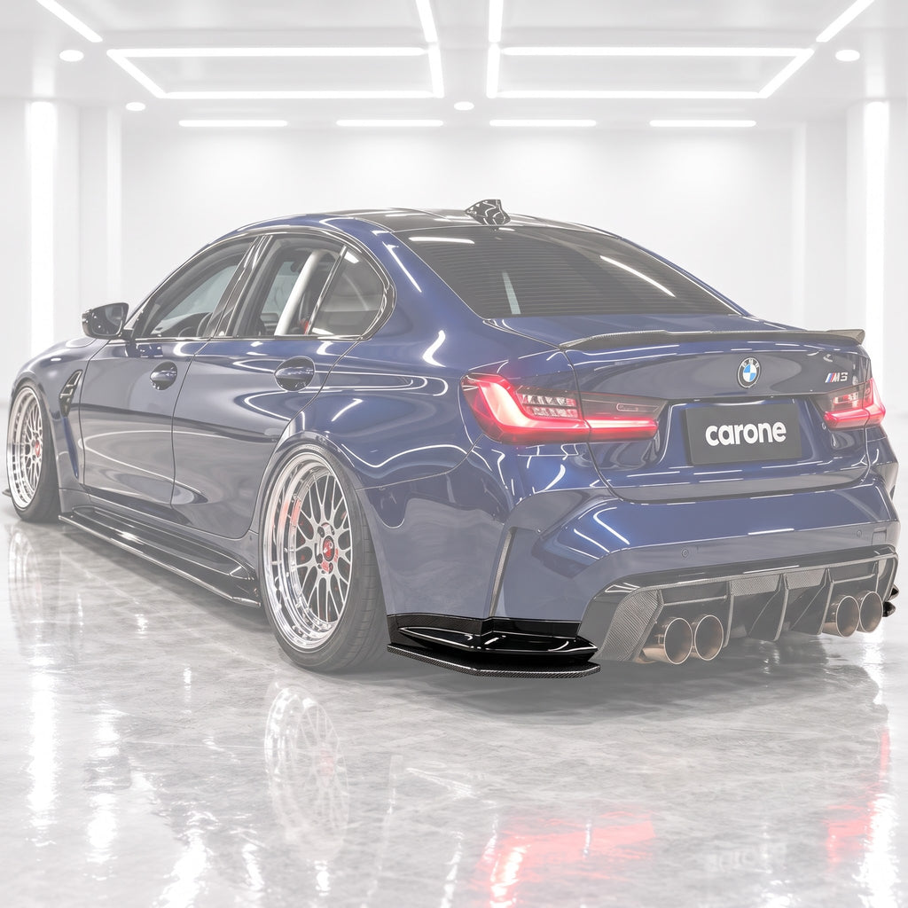 PARACHOQUES TRASERO DIVISOR LATERAL ESQUINA FIBRA DE CARBONO SECO BMW G80 M3 2021-2026