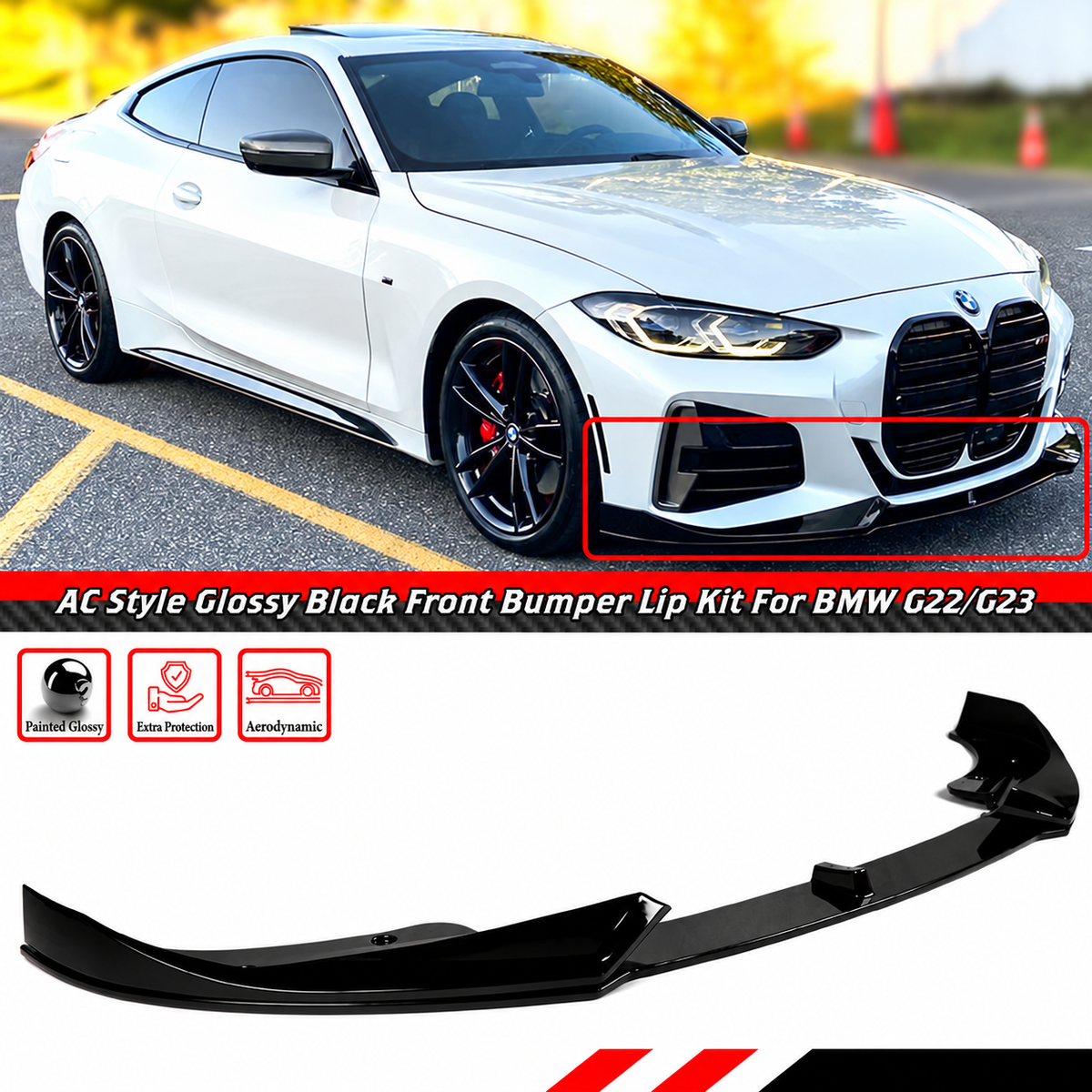 DIVISOR DE LABIOS DE PARACHOQUES DELANTERO NEGRO BRILLANTE PARA BMW G22 G23 430I M440I 21-26