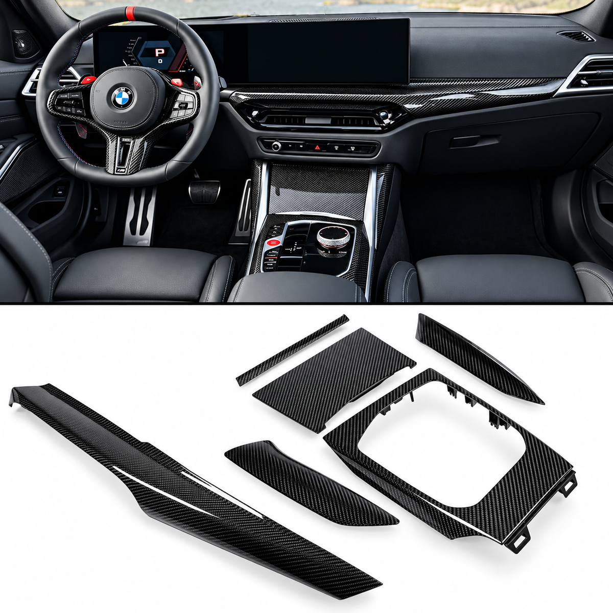 Kit de molduras de consola interior para tablero de instrumentos de fibra de carbono de 6 piezas BMW G8X G2X G42 2025-26